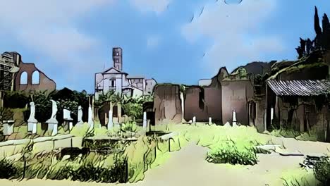 Present-and-past-of-Vestal-Virgins-house-or-Casa-delle-Vestali-temple-of-Rome-in-Italy,-cartoon-animation-reconstruction