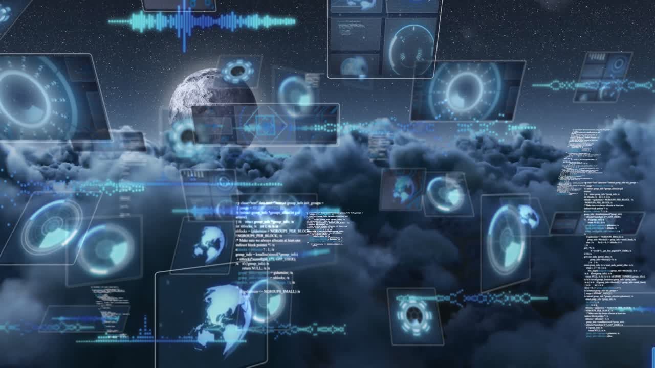 animación del procesamiento de datos con escaneo de alcance sobre el cielo con luna y nubes.