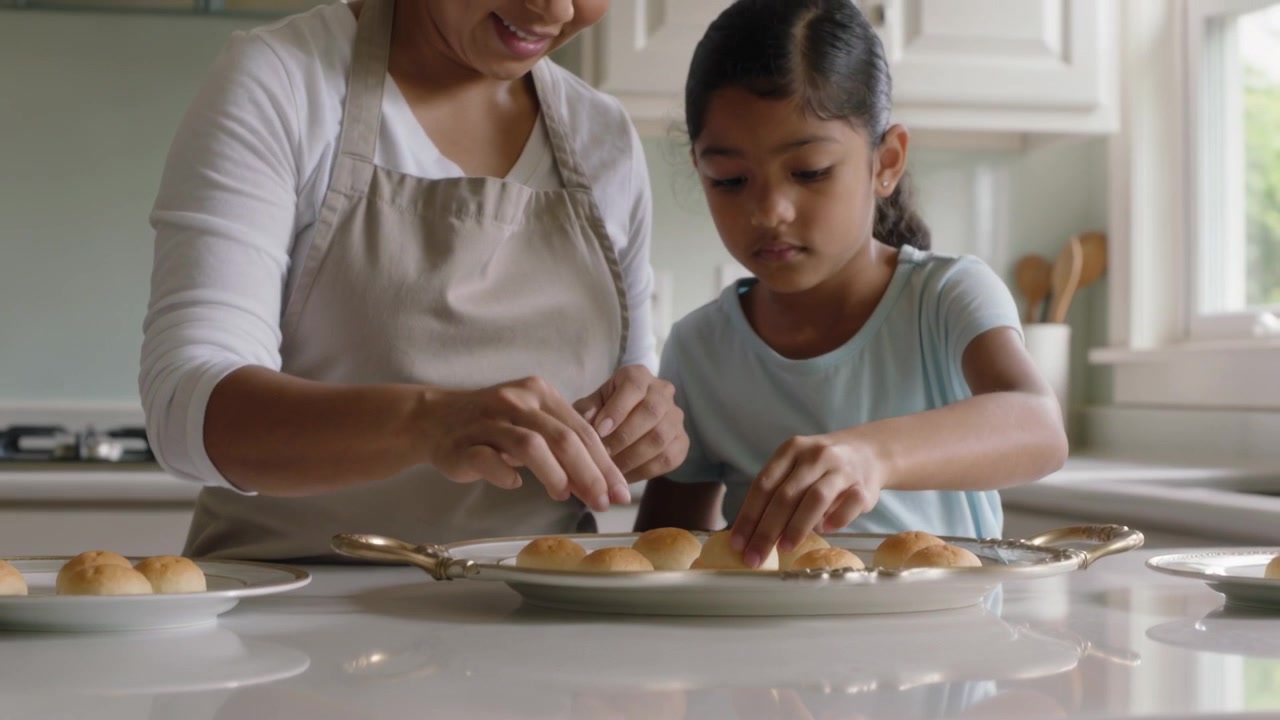 Reaching mother teaching daughter placing rolls onto platter on home counter, wearing beige apron