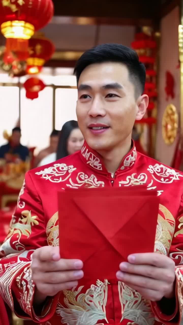 Un hombre le entrega un sobre rojo tradicional a otra persona durante la celebración del Año Nuevo chino