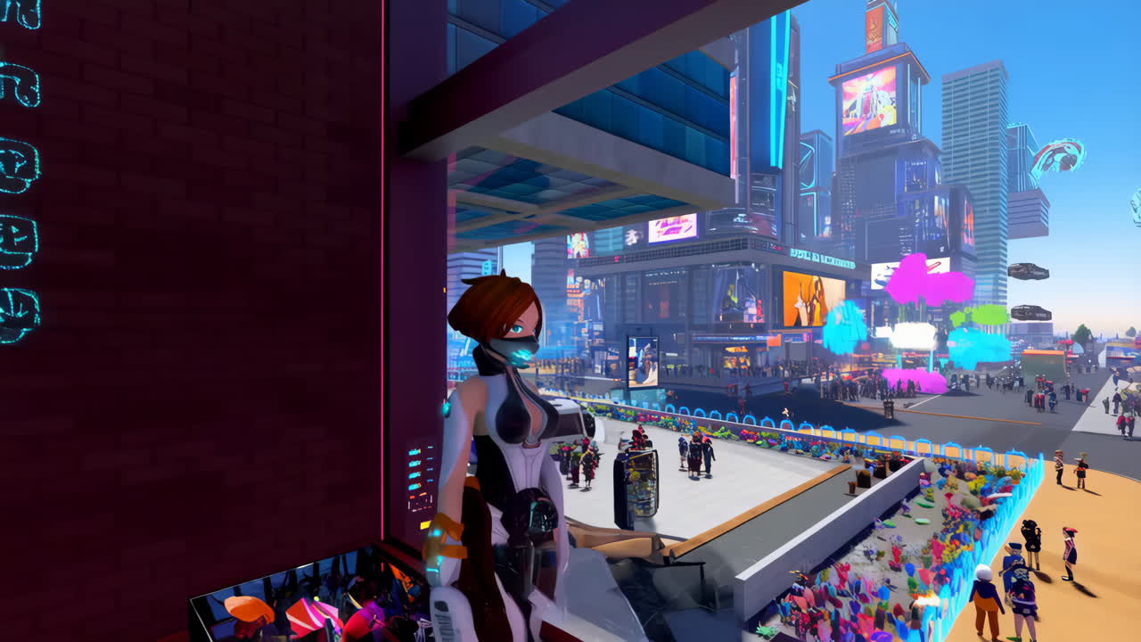 Vibrant Futuristic City Scene with Large Crowds