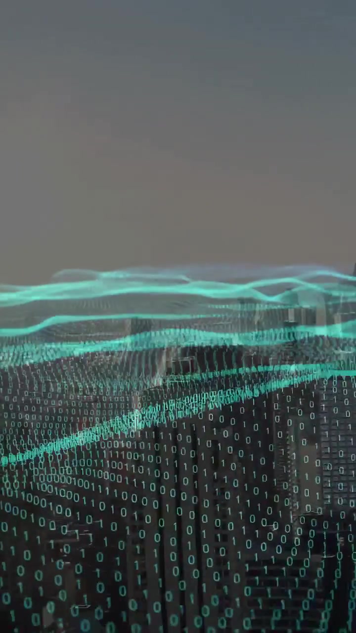 Vertical video: Teal data wave rippling over skyline camera pan sparking denser bits grid for tech