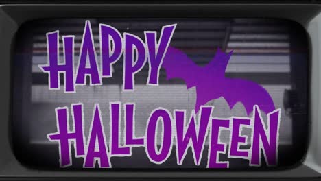 Animation-Von-Happy-Halloween-Und-Fledermaus-über-Dem-Bildschirm-Mit-Glitch-Im-Hintergrund