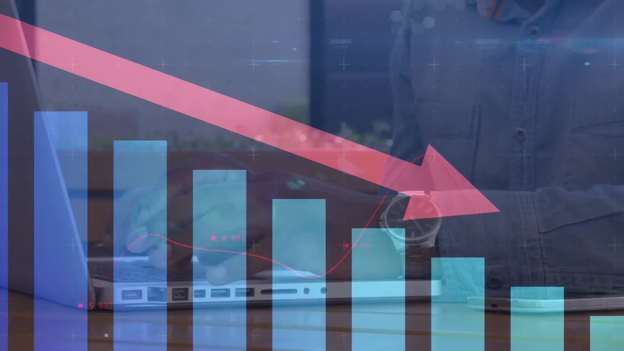 Animation of financial data and graphs moving over midsection of biracial man working on laptop