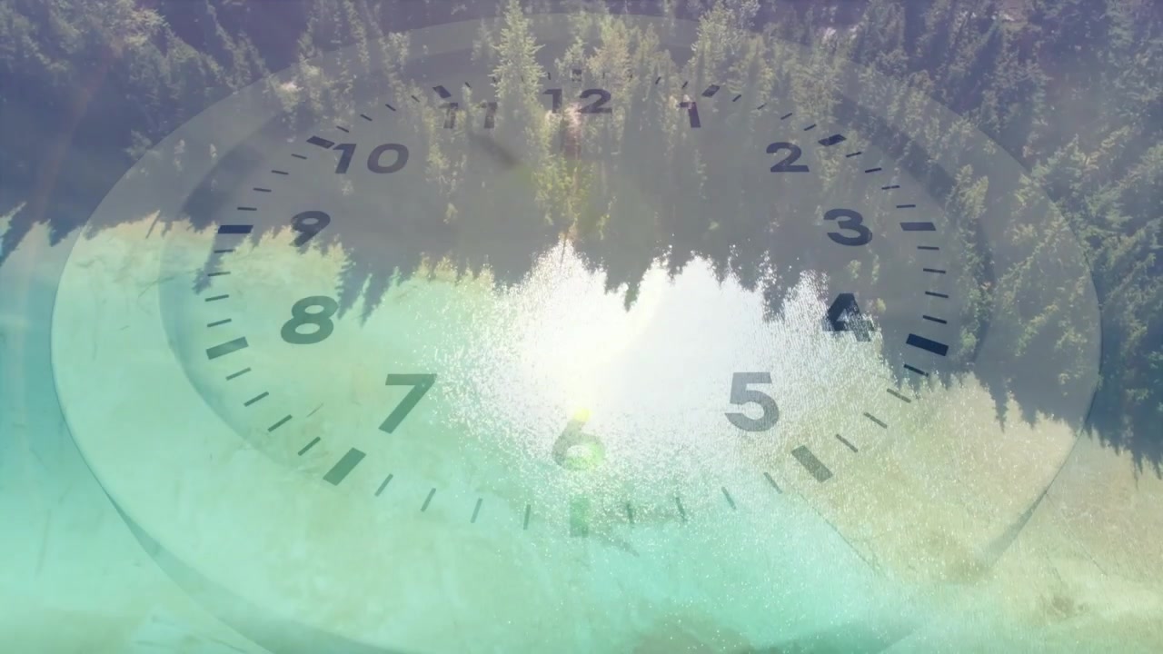 Green mist and moon dissolving, analog clock rotating, revealing forest lake below, showing time
