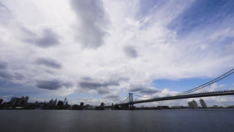 el horizonte de filadelfia con nubes que se mueven sobre el tranquilo río delaware con el puente benjamin franklin