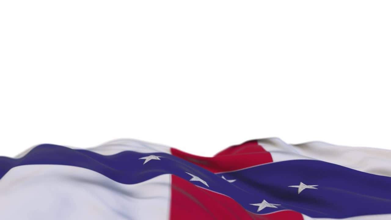 bandera de tela de las antillas holandesas ondeando en el bucle del viento. bando de tela cosida bordada de las antilles holandesas balanceándose en la brisa. fondo blanco medio lleno. lugar para el texto. bucle de 20 segundos.