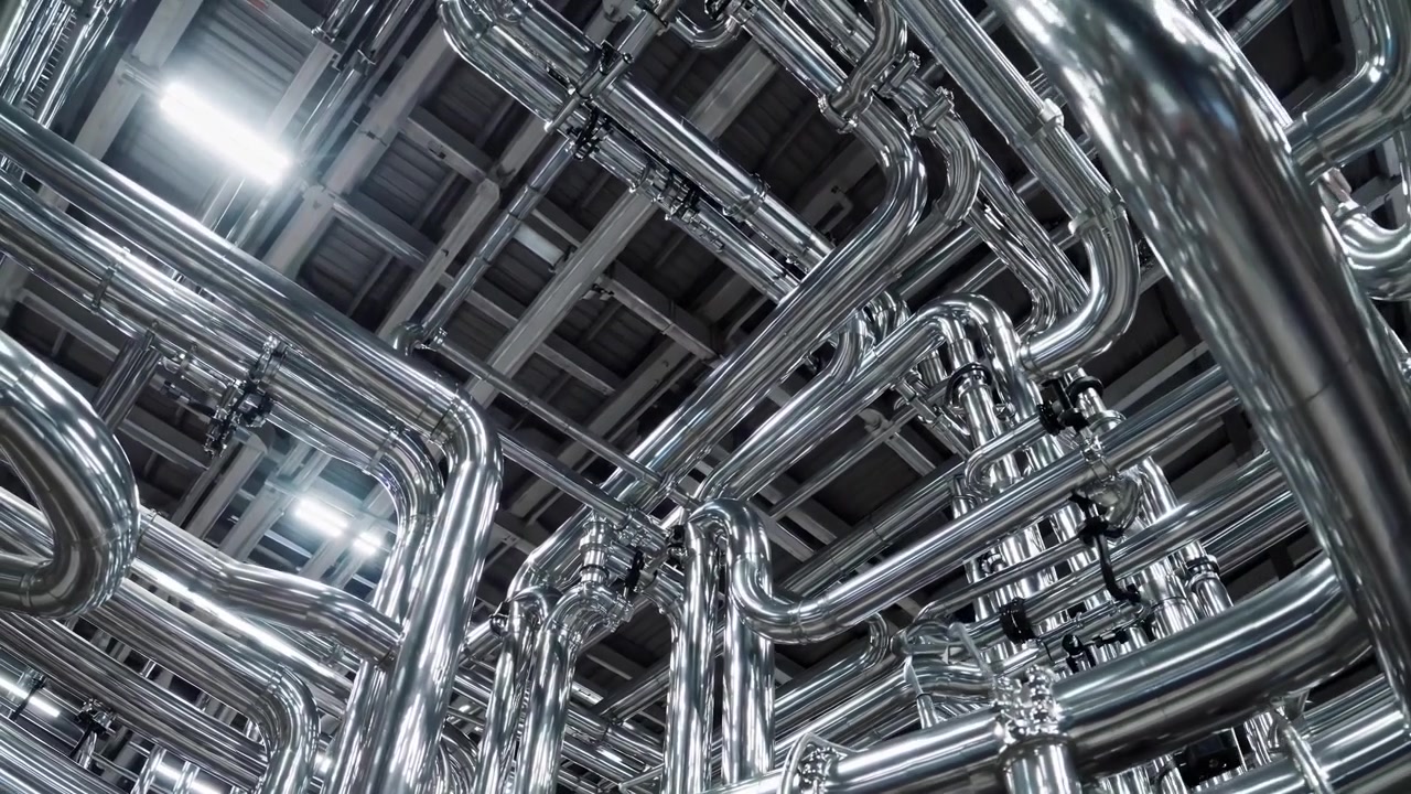 Complex Network of Shiny Stainless Steel Industrial Pipes