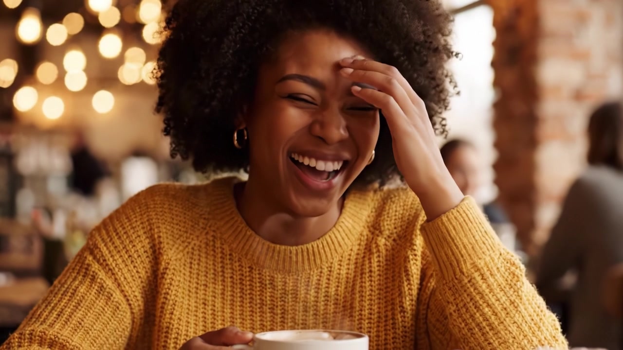 Joyful Moment Over Coffee: A Woman in a Cozy Sweater Laughs with a Friend, Surrounded by Warm Lights and a Relaxed Atmosphere, Celebrating Connection and Happiness.