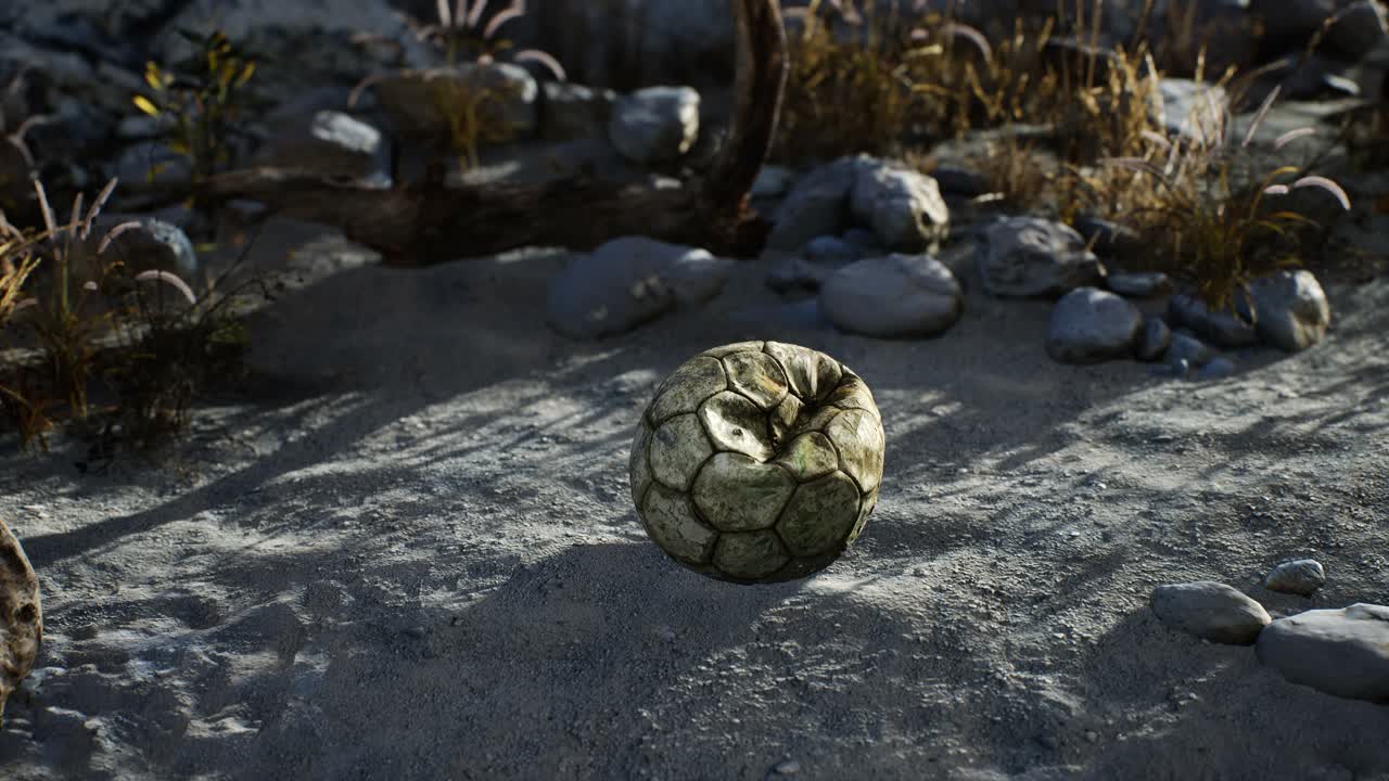 una vieja pelota de fútbol rota arrojada yace en la arena de la playa del mar