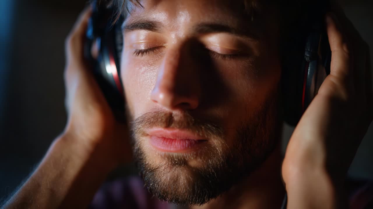 A deeply immersive moment captured in the dual frames, showcasing a man lost in the tranquil experience of music while wearing headphones, embodying relaxation and emotional depth in his expression