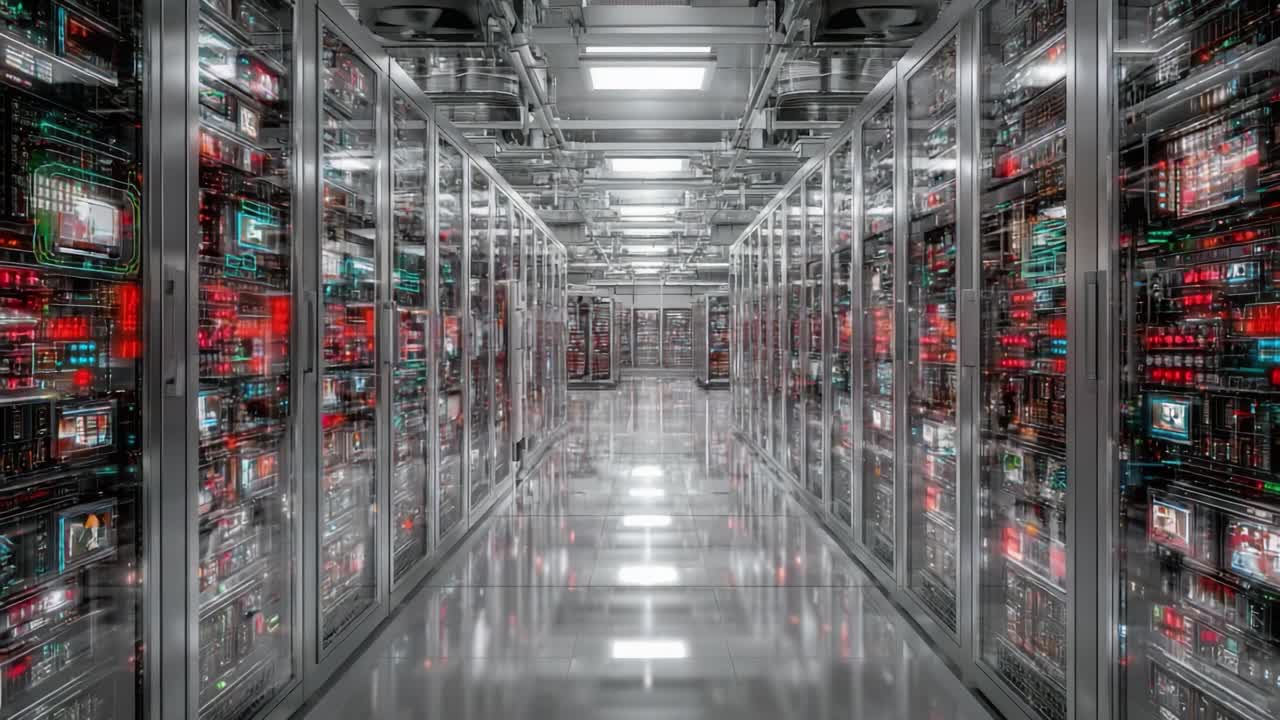 A Stunning Transition of Data Centers: From a Vibrant Display of Colorful Electronics to a Sleek and Modern Green Lighting Scheme, Showcasing the Evolution of Digital Infrastructure