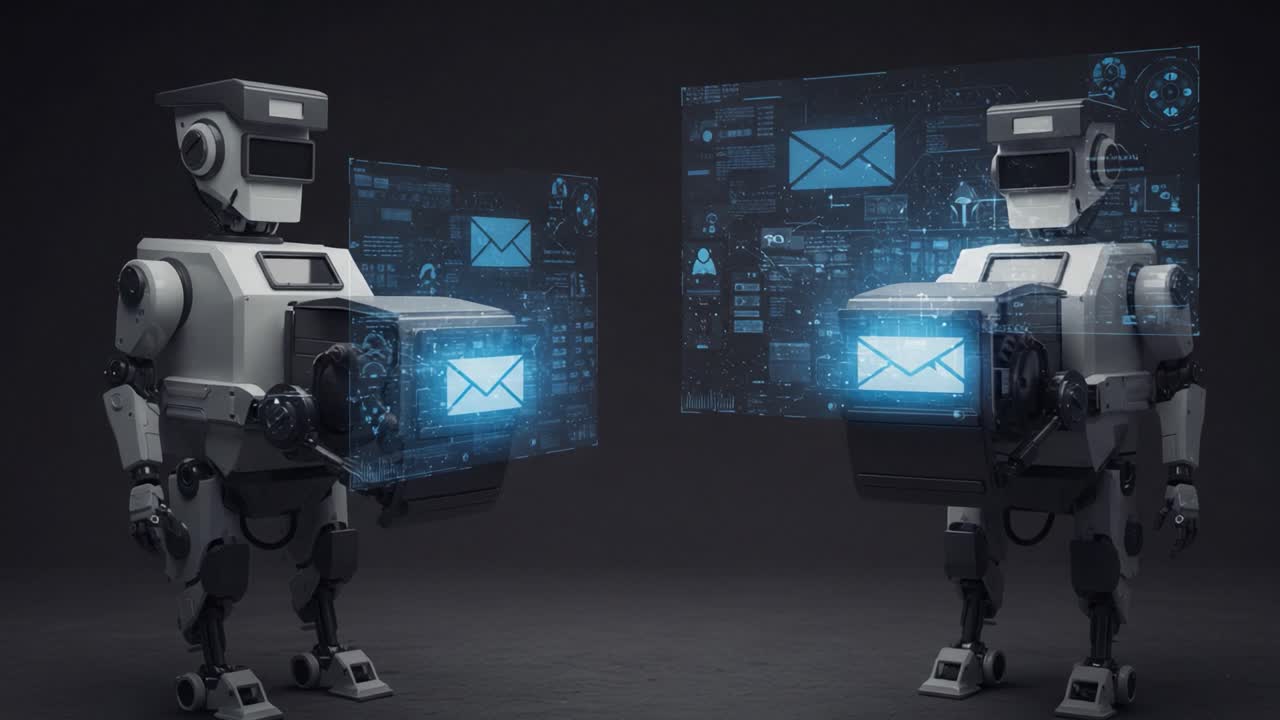 Due Robot Avanzati che si Impegnano nello Scambio di Dati con Interfacce Olografiche che Visualizzano Messaggi e Informazioni Virtuali in un Ambiente Futuristico