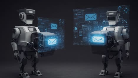 two advanced robots engaging in data exchange with holographic interfaces displaying virtual messages and information in a futuristic setting