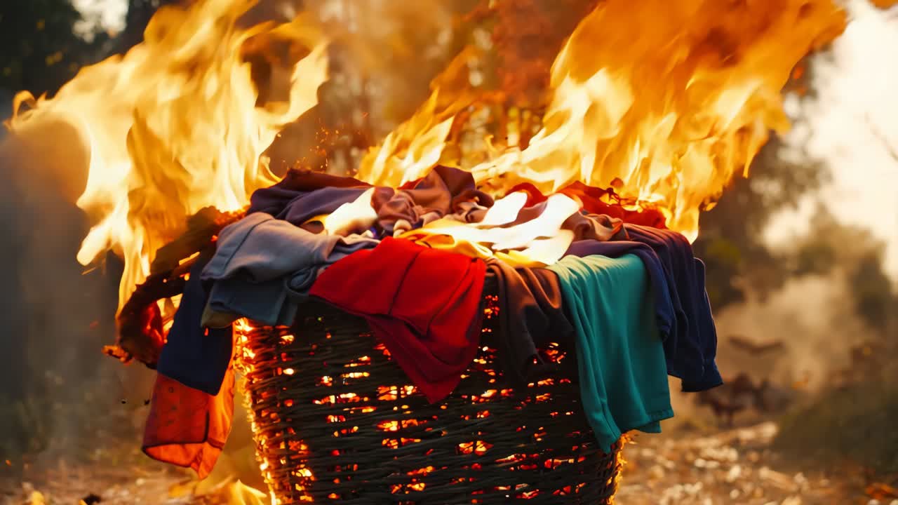 들판 한가운데에 불타는 옷으로 가득 찬 바구니