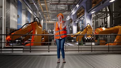 full body of asian female engineer with safety helmet yelling with hand over mouth while standing with industrial robotic arms working