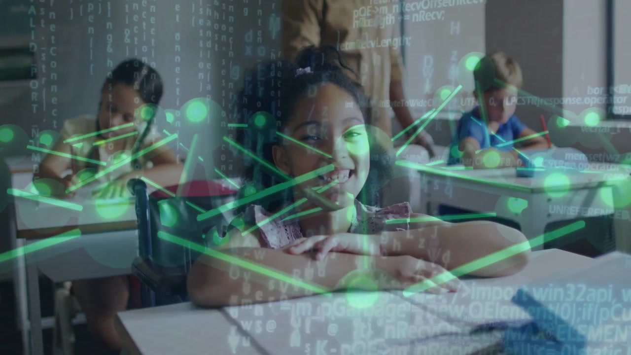 Teacher starting lesson activating digital network overlay in classroom motivating students writing