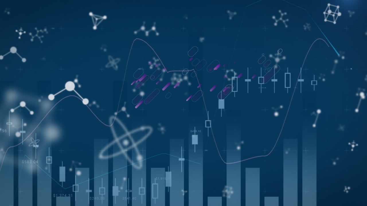 Animazione di linee viola su grafico e molecole