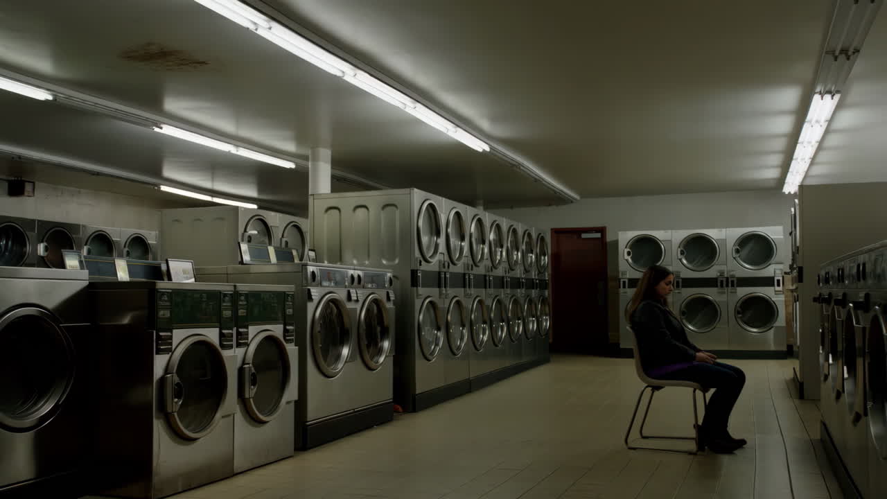 Woman waiting in a laundromat