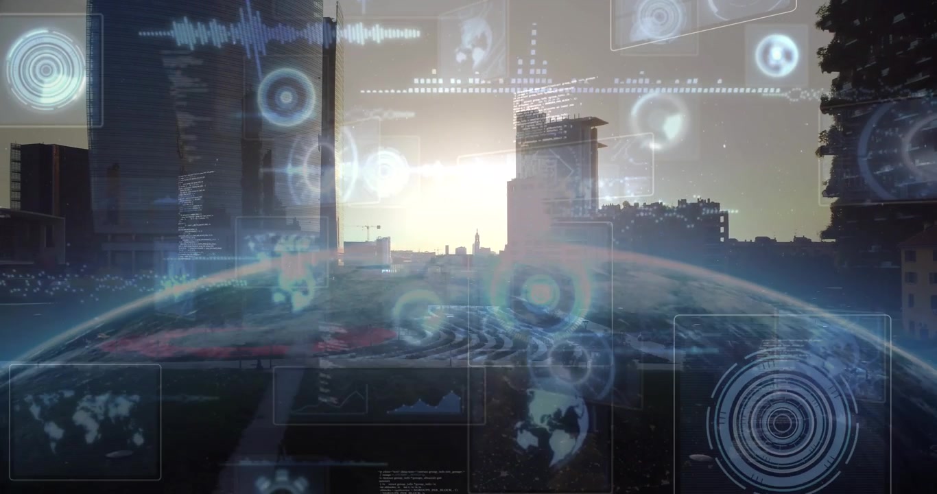 Animation of data processing over cityscape