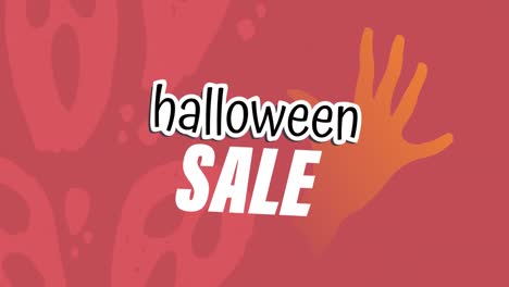 Animation-of-halloween-sale-text-in-white,-over-zombie-hand-and-ghosts,-on-red-background