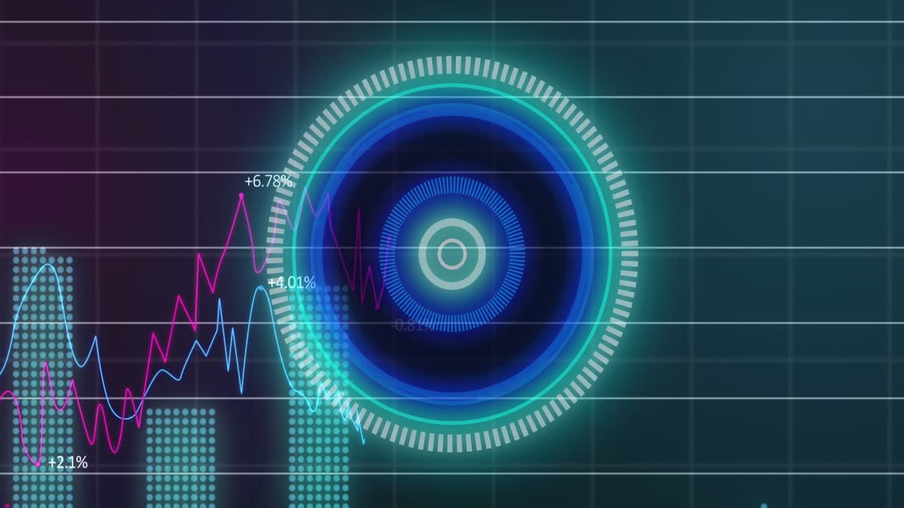 Animation of financial data processing over scope scanning on black background