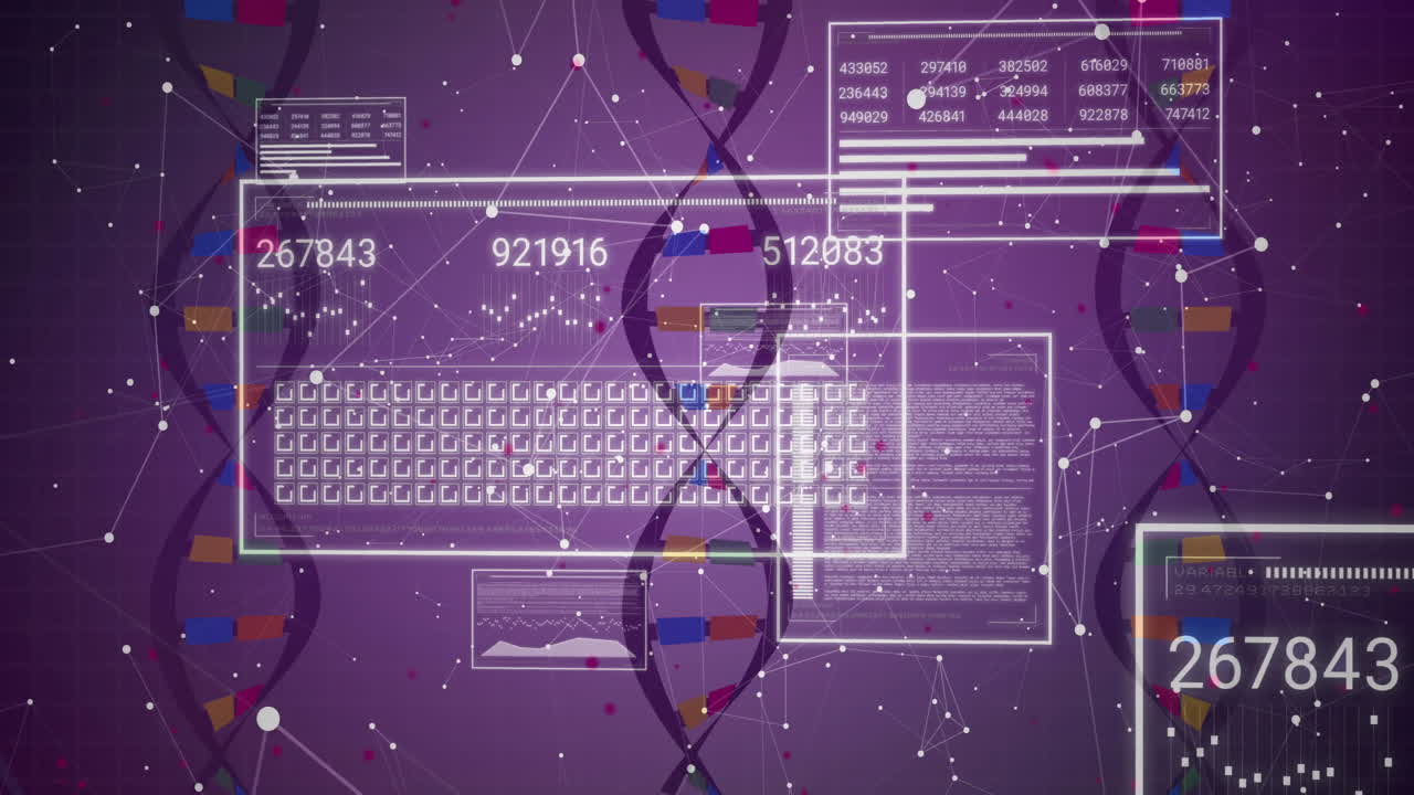 Animating DNA strand and data processing over purple background