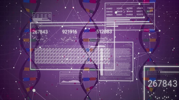 Animating DNA strand and data processing over purple background