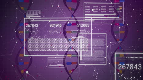 Animación-De-Cadena-De-ADN-Y-Procesamiento-De-Datos-Sobre-Fondo-Morado