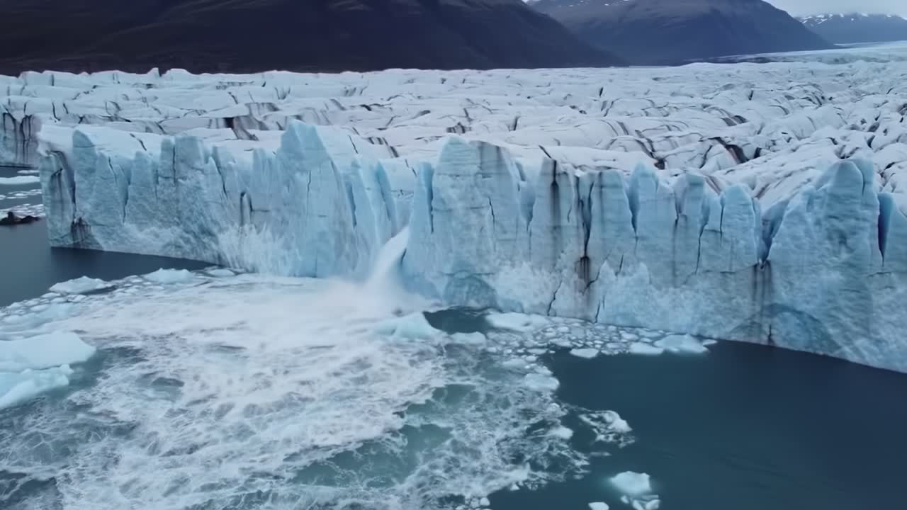 Aerial View of Majestic Glacial Icebergs Calving into the Ocean, Capturing the Dynamic Transformation of a Stunning Arctic Landscape