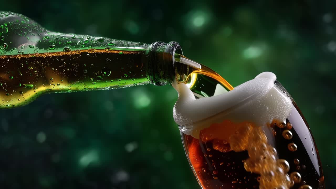 Versamento di Birra Fredda da Bottiglia Verde in un Bicchiere con Schiuma