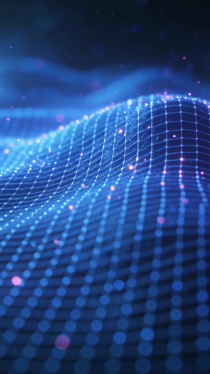 Vertical video: Starting playback, glowing violet mesh undulating in cyberspace, particles drifting