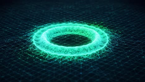 a vibrant energy ring pulsating in a digital space with dynamic particle movement, showcasing a unique visualization of data and light interplay
