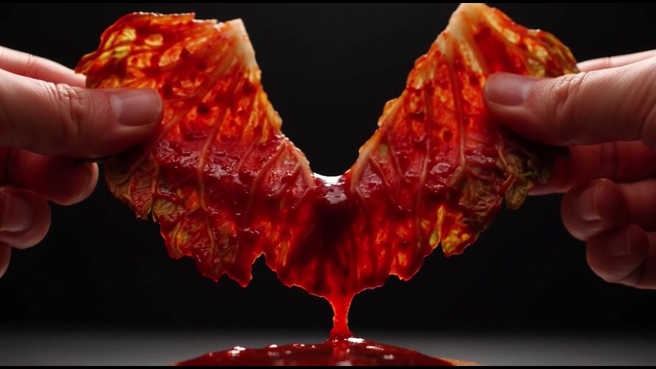 Mani che strappano una foglia di kimchi piccante