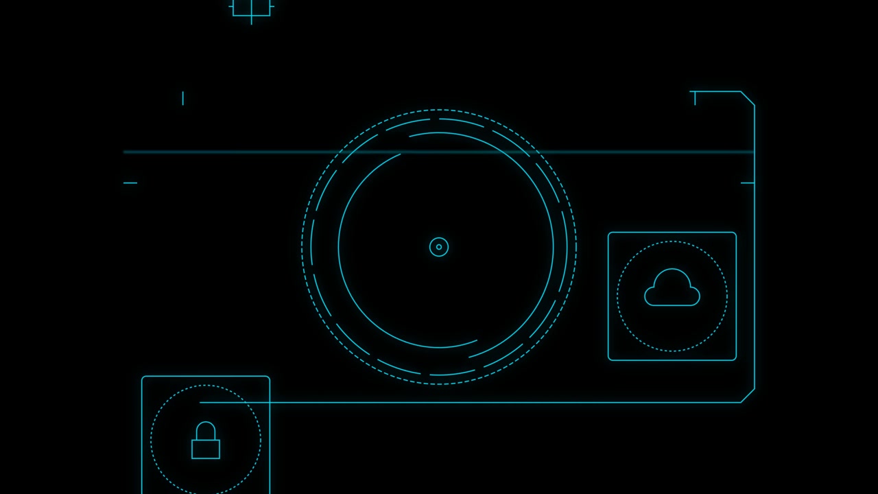Digital HUD-grænseflade med sikkerheds- og skyikoner.