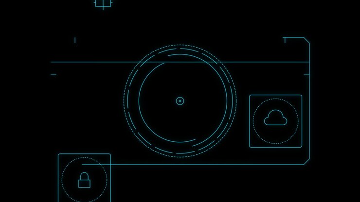 Digital HUD-grænseflade med sikkerheds- og skyikoner.