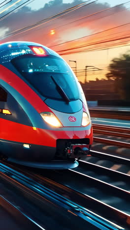 a train is speeding down the tracks with a red and blue stripe. the train is surrounded by a bright orange and yellow sky, creating a sense of motion and energy