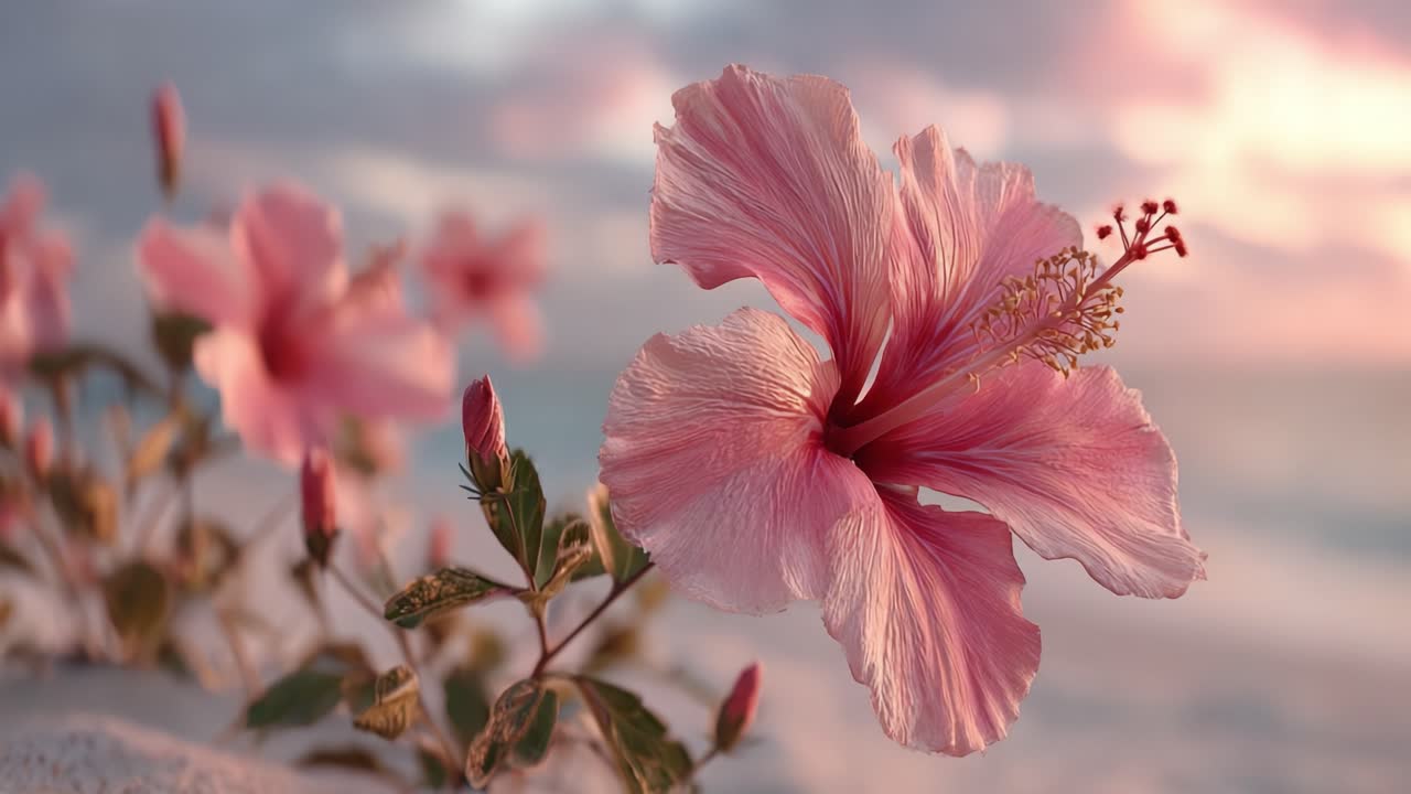 Captivating Bloom of Hibiscus Flowers Against a Serene Sunset Background: An Inspiring Display of Nature's Beauty and Vibrant Colors