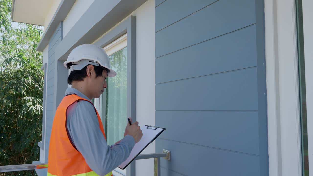 el ingeniero inspector está comprobando e inspeccionando el edificio o la casa utilizando una lista de comprobación. el contactador y los arquitectos trabajan en la construcción de la casa antes de entregarla al propietario