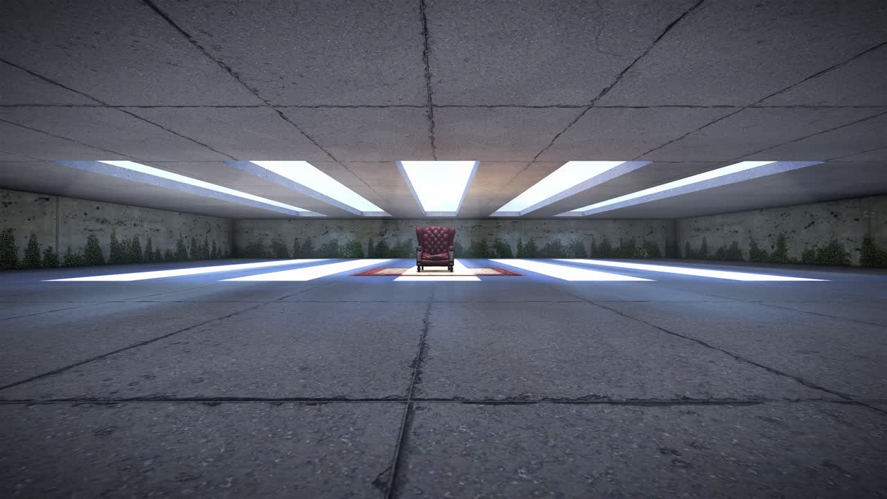 A Solitary Armchair in a Large Concrete Room with Overhead Lighting