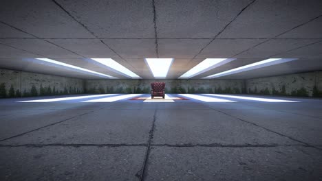 a solitary armchair in a large concrete room with overhead lighting