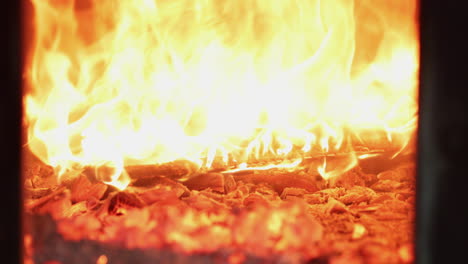 blazing fire of the burning logs and charcoals in the oven in the bakery. - close up shot