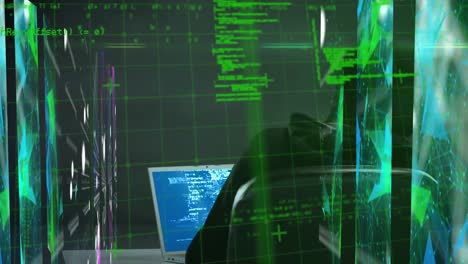 animazione dell'interfaccia che mostra dati e informazioni con un hacker mascherato che usa il portatile nella stanza del server