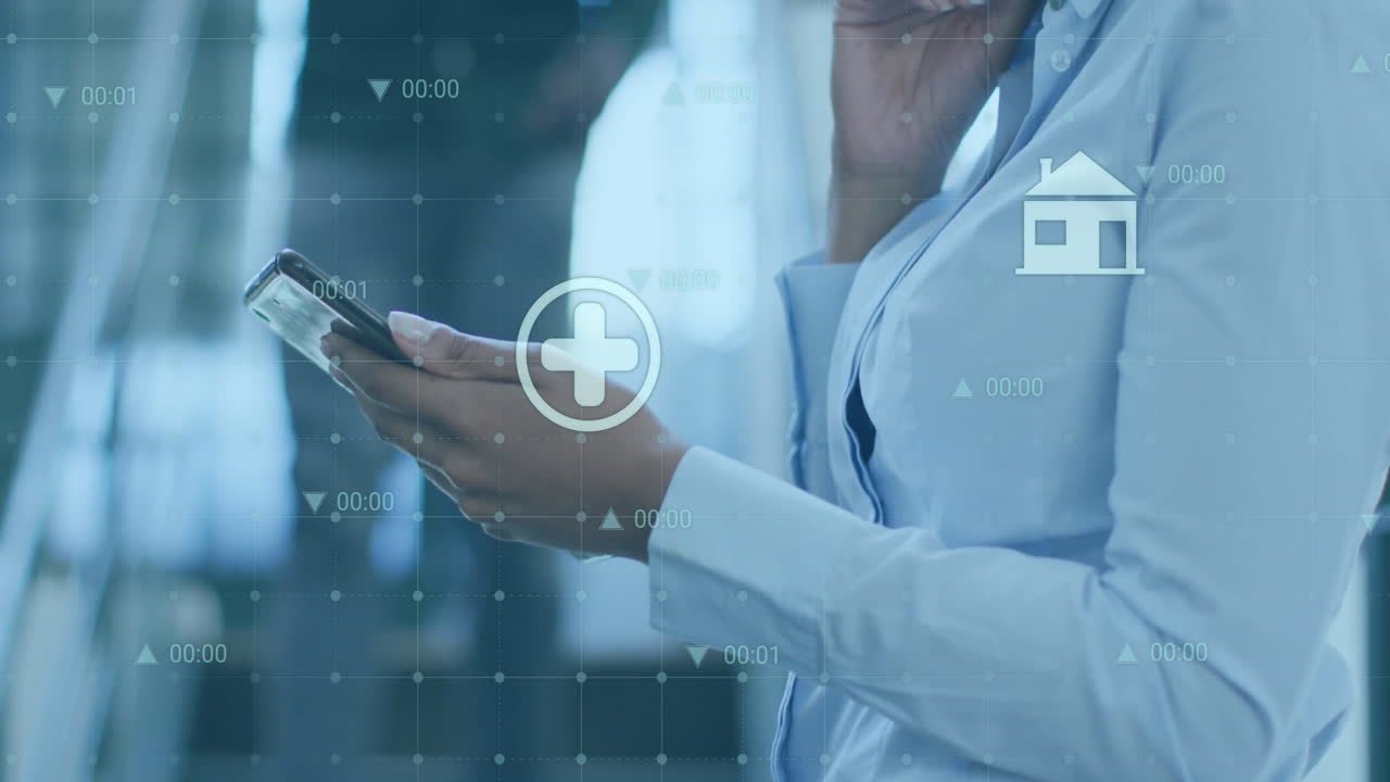 animación de números cambiantes y gráficos múltiples sobre mujer afroamericana usando teléfono celular