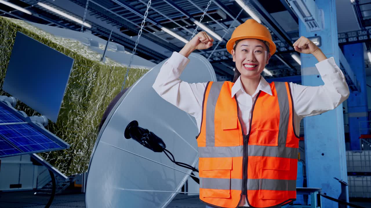 위성 공장에서 성공을 축하하는 엔지니어