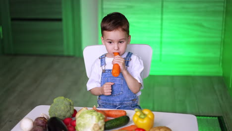 kid learning about veggies. a young child sits at a table with colorful veggies, curiously holding a carrot and exploring healthy foods