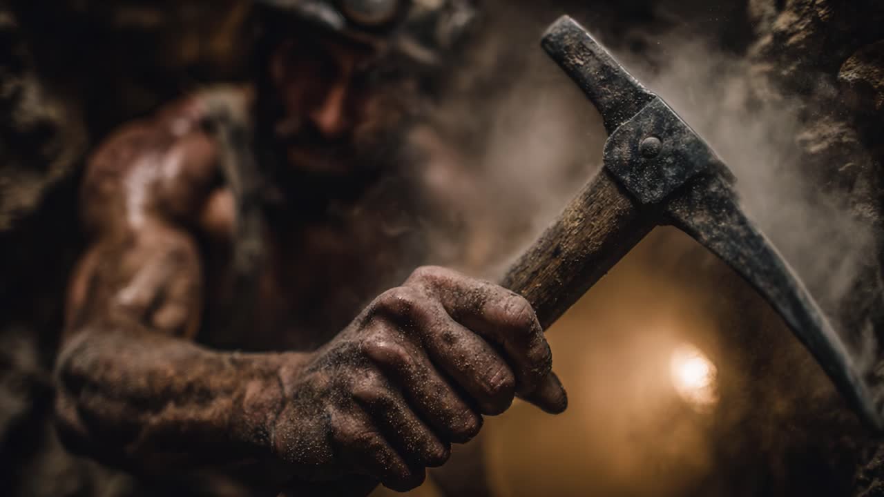 A Determined Miner Digs Deep, Battling Dust and Darkness with a Sturdy Pickaxe, Uncovering Hidden Treasures Beneath Layers of Earth and Stone