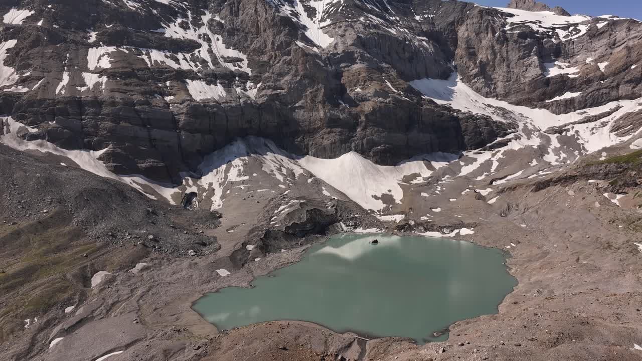 Stunning aerial view of Gletscherseeli glacial lake at Klausenpass in Switzerland