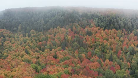 drone volando a través de las nubes hacia la montaña oberg en minnesota, sobre una espectacular vista del bosque otoñal