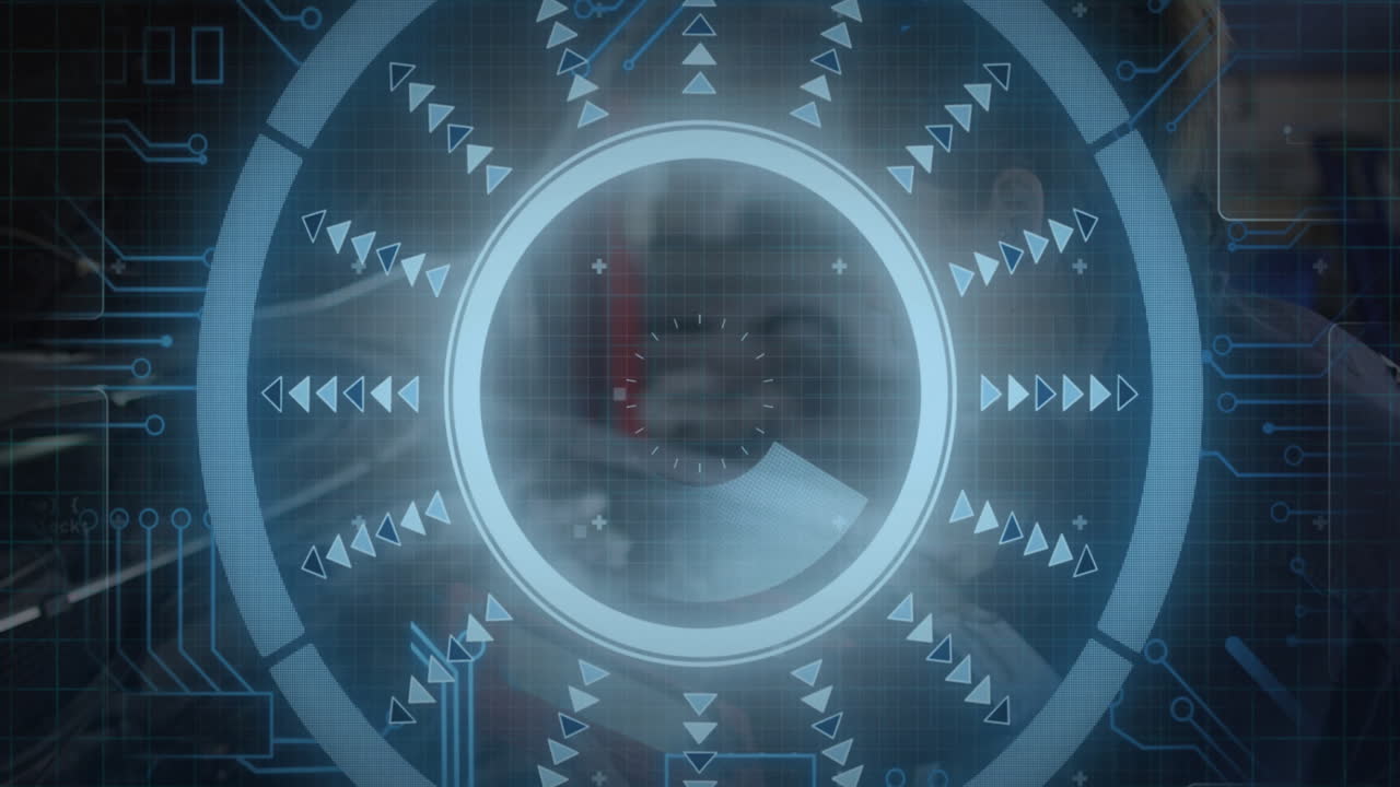 Animation of futuristic digital interface with blue circular patterns and arrows